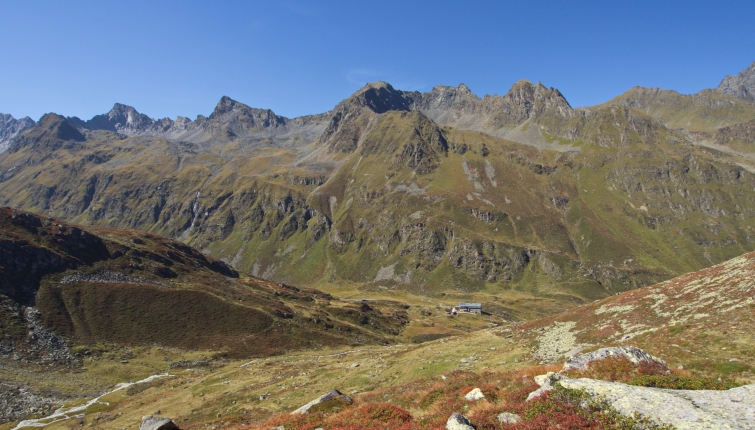 Blick aus dem Stiergschwez auf Rinnenspitze, Kreuzkamp und Schafgrübler