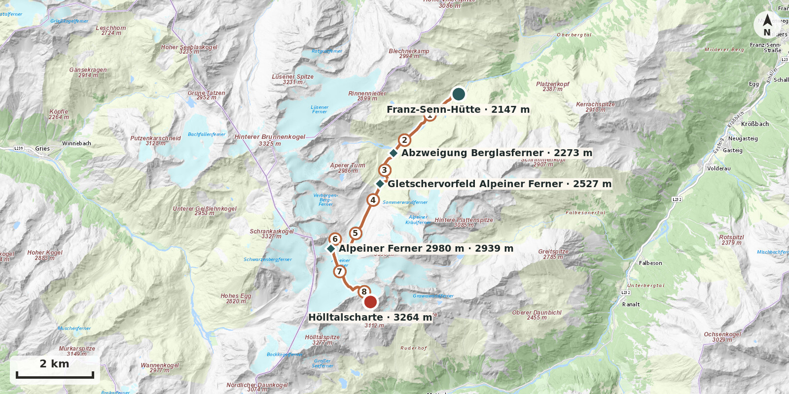 Karte: Obere Hölltalscharte über Alpeiner Ferner 3247m