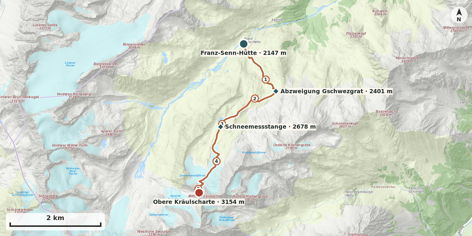 Karte: Obere Kräulscharte über Sommerwandferner 3150m