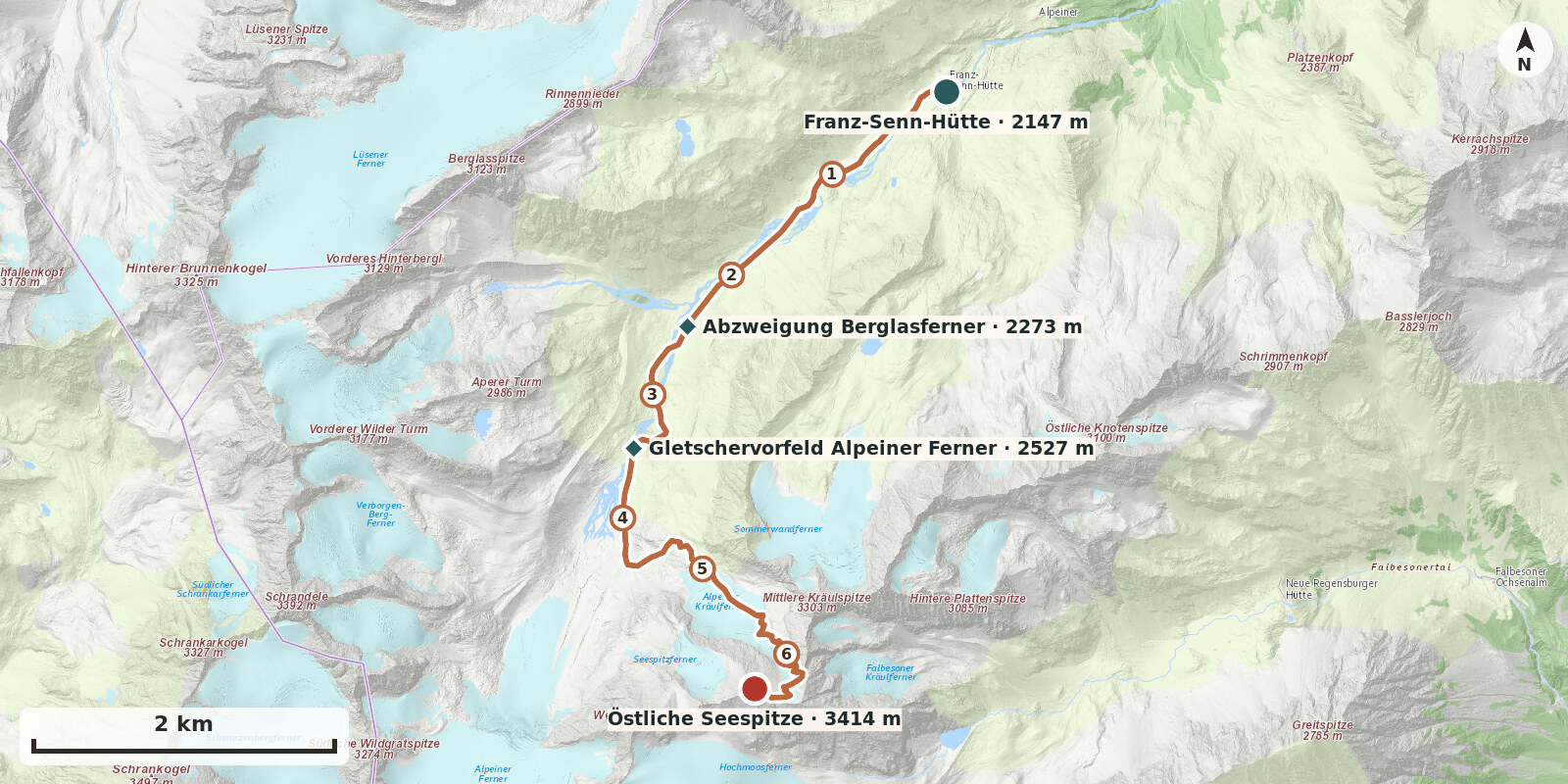 Carte: Östliche Seespitze par l'Alpeiner Kräulferner 3416 m