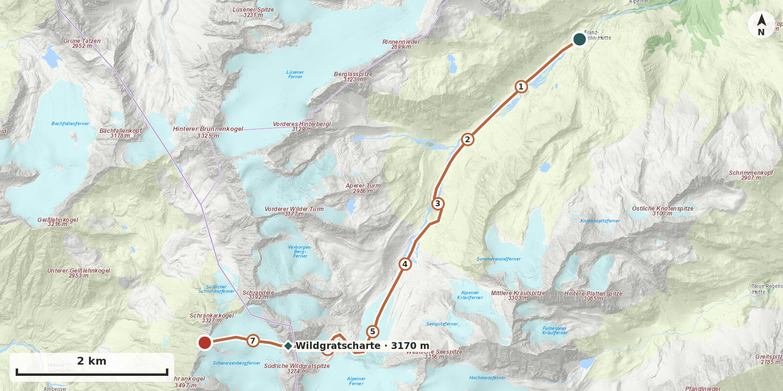 Karte: Punkt zwischen Schrankogel u. Schrankarkogel 3290m