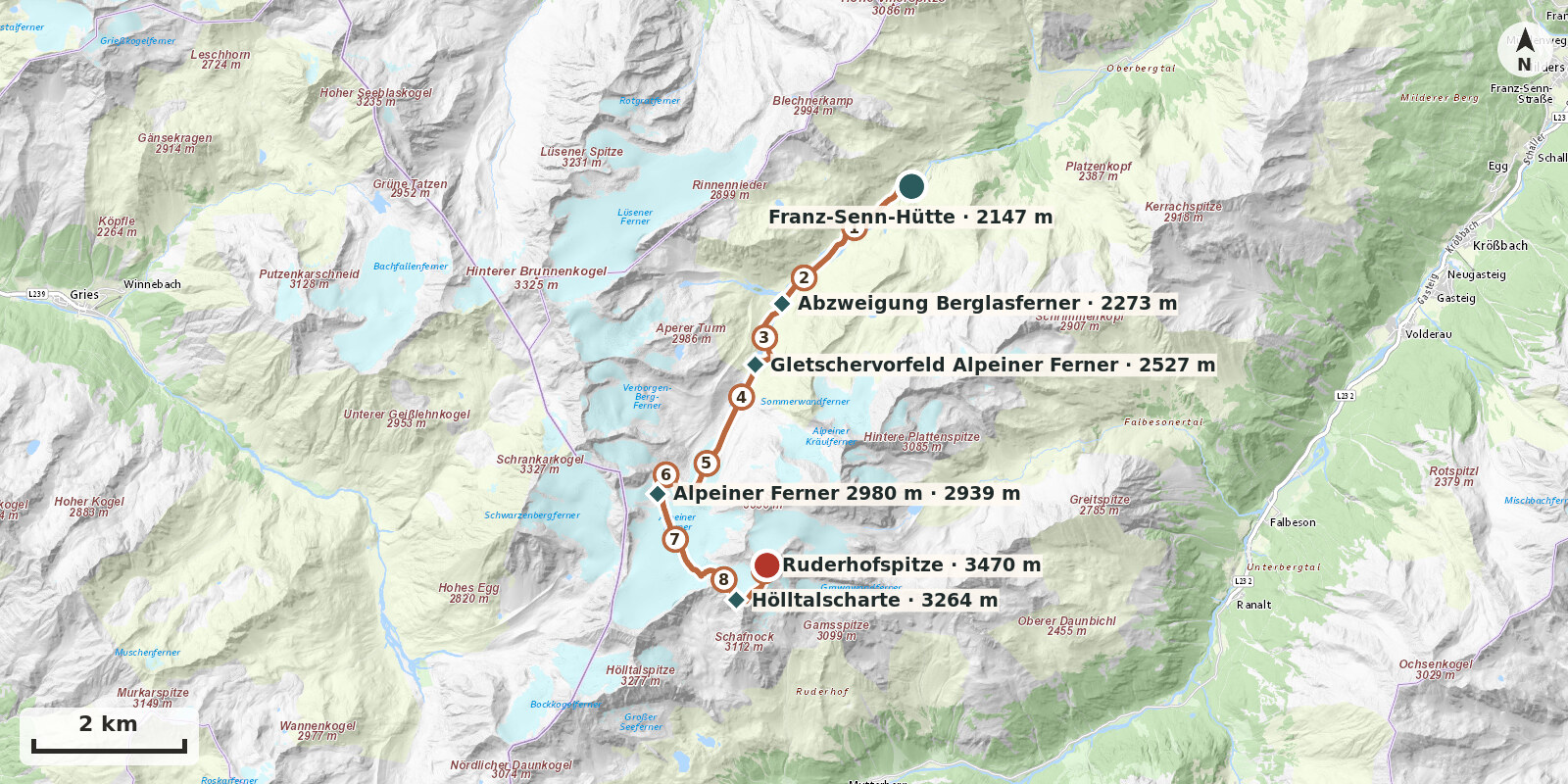 Karte: Ruderhofspitze über Obere Hölltalscharte 3473m